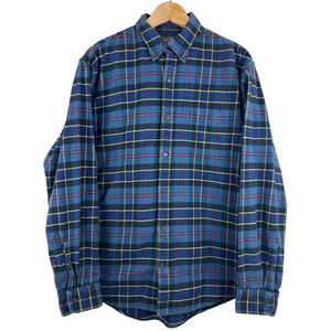 LANDS END Flagship Flannel Shirt Jacket Shacket Heavy Cotton Size L Blue‎ Plaid